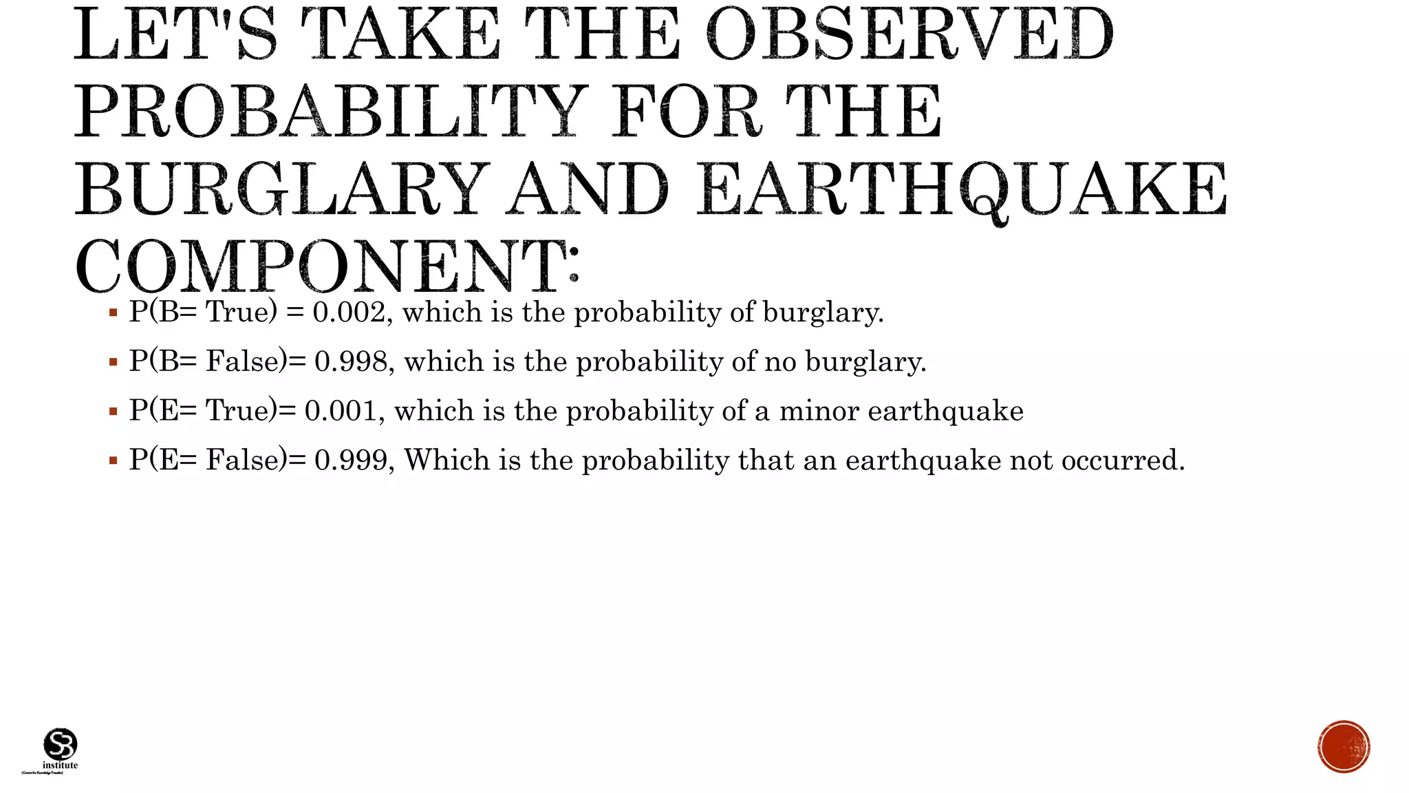 (CentreforKnowledgeTransfer)
institute
 P(B= True) = 0.002, which is the probability of burglary.
 P(B= False)= 0.998, which is the probability of no burglary.
 P(E= True)= 0.001, which is the probability of a minor earthquake
 P(E= False)= 0.999, Which is the probability that an earthquake not occurred.
 