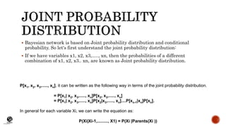 (CentreforKnowledgeTransfer)
institute
 Bayesian network is based on Joint probability distribution and conditional
probability. So let's first understand the joint probability distribution:
 If we have variables x1, x2, x3,....., xn, then the probabilities of a different
combination of x1, x2, x3.. xn, are known as Joint probability distribution.
P[x1, x2, x3,....., xn], it can be written as the following way in terms of the joint probability distribution.
= P[x1| x2, x3,....., xn]P[x2, x3,....., xn]
= P[x1| x2, x3,....., xn]P[x2|x3,....., xn]....P[xn-1|xn]P[xn].
In general for each variable Xi, we can write the equation as:
P(Xi|Xi-1,........., X1) = P(Xi |Parents(Xi ))
 