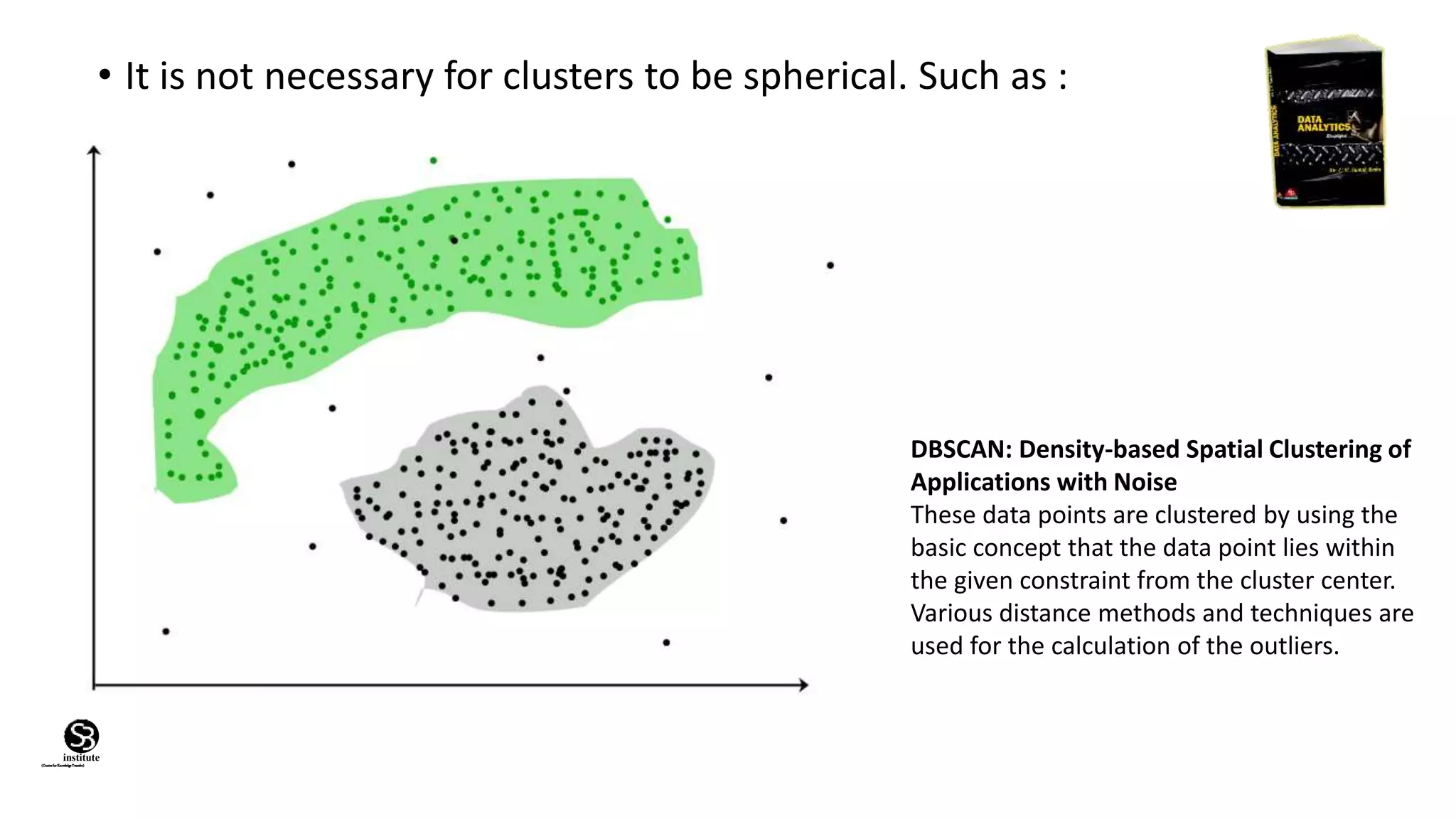 (CentreforKnowledgeTransfer)
institute
• It is not necessary for clusters to be spherical. Such as :
DBSCAN: Density-based Spatial Clustering of
Applications with Noise
These data points are clustered by using the
basic concept that the data point lies within
the given constraint from the cluster center.
Various distance methods and techniques are
used for the calculation of the outliers.
 
