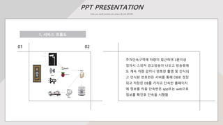 PPT PRESENTATION
Enjoy your stylish business and campus life with BIZCAM
1. 서비스 흐름도
01 02
주차단속구역에 차량이 접근하여 3분이상
정차시 스피커 경고방송이 나오고 방송후에
도 계속 차량 감지시 번호판 촬영 및 인식되
고 인식된 번호판은 서버를 통해 DB로 정장
되고 저장된 DB를 가지고 단속반 홈페이지
에 정보를 띄움 단속반은 app또는 web으로
정보를 확인후 단속을 시행함
 