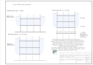 Tema: Protecciones colectivas
MASTIL DE
BRAZO MOVIL
RETENCION
RED DE
PROTECCION DEL 1º PISO
BARANDAS
SISTEMA POR
MORDAZA
PROTECCION DE 1º Y 2º PISO
1º PISO
2º PISO
3º PISO
PROTECCION DE 3º Y 2º PISO
Los mástiles se desplazarán a través de una pequeña abertura
pasante, de 70 mm x 70 mm, que se repite en el conjunto de pisos
como guía según se indica en los planos, cada 3 m, con una
separación al borde de 15 cm como mínimo.; quedarán sujetos a
traves de un pasador. En los pisos donde ya no debe apoyar
pueden rellenarse los "huecos guías".
Las redes irán atadas al borde de las losas a través de ganchos de
sujeción de Fe 8 mm de diámetro, colocados cada 50 cm, con una
separación del borde mínima de 10 cm.
 
