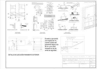 >1m
DETALLE DE EJECUCIÓN PARAMENTO EXTERIOR
El arnés a usar tendrá
una longitud de 1m.,
cuando la altura del
paramento llegue a los
90 cm. ya no será
necesario el uso de
arnés de seguridad.
EL CONJUNTO DEBERA SER RESISTENTE Y ESTABLE.
BORRIQUETA
TABLONES
DEL TABLON 5 CM.
MAXIMO 3.00 METROS
ESPESOR MINIMO
EN ALTURAS SUPERIORES A 2 METROS, SE DISPONDRAN BARANDILLAS EN TODO EL PERIMETRO.
LOS TABLONES DE LA PLATAFORMA IRAN ATADOS O BIEN SUJETOS A LAS BORRIQUETAS.
LA ANCHURA MINIMA DE LA PLATAFORMA DEL ANDAMIO SERA DE 60 CENTIMETROS.
REPARTIR EL PESO DE MANERA UNIFORME Y SIN CARGAS EXCESIVAS.
NO UTILIZAR PARA EL APOYO DE LOS TABLONES, OTRO ELEMENTO DISTINTO DE LAS
EN UN MISMO PUNTO QUE PODRIA DESEQUILIBRAR O INCLUSO LLEGAR A PARTIR LOS TABLONES
NO SOBRECARGAR LOS TABLONES CON EXCESIVA CANTIDAD DE MATERIALES CONCENTRADOS
NO APOYARSE EN EL CONJUNTO EN NINGUNO DE SUS EXTREMOS.
LOS TABLONES DE LA PLATAFORMA PUEDAN FLECHAR O INCLUSO LLEGAR A ROMPERSE.
SI LA DISTANCIA ENTRE BORRIQUETAS ES MAYOR DE 3 METROS, EXISTE EL PELIGRO QUE
Altura de trabajo inferior a 2 metros.
AMDAMIO DE BORRIQUETA
h<
2
metros
0.60 minim
o
RUEDAS GIRATORIAS
crucetas, pudiendo alzanzar una altura máxima de 13 metros sin necesidad de arriostramiento.
TORRE DE 3'00 x 2'73 metros de Base. Está formada por elementos de 3'00 x 1'00 metros y
diagonales, pudiendo alzanzar una altura máxima de 10 metros sin necesidad de arriostramiento.
TORRE DE 2'00 x 2'00 metros de Base. Está formada por elementos de 2'00 x 1'00 metros y
DESCRIPCION GENERAL DE LAS TORRES :
PLANCHAS DE TRABAJO
MONTAJE
DE 3'00 x 2.73)
EN LAS TORRES
DIAGONAL (CRUCETA
MONTAJE DE TORRES MOVILES
SI
Para castilletes o torres moviles sobre ruedas de hierro (incluido su peso propio).
Para castilletes o torres moviles sobre ruedas de goma (incluido su peso propio).
Para castilletes o torres moviles sobre ruedas de hierro (incluido su peso propio).
EN ENCOFRADOS DE PILARES)
NO (PRECAUCIONES A TENER EN CUENTA
ANDAMIOS TUBULARES
4 Veces
3 Veces
ALTURAS MAXIMAS DE TRABAJO
Para castilletes o torres fijas (incluido su peso propio).
Para castilletes o torres fijas (incluido su peso propio).
1000 Kg.
NORMALES
RUEDAS GIRATORIAS
2000 Kg.
2400 Kg.
CARGAS ADMISIBLES
LARGUERO
DIAGONALES
ALTURAS MAXIMAS Y CARGAS ADMISIBLES
QUITAMIEDO
EN TORRES O CASTILLETES
DIAGONALE
NORMALES
QUITAMIEDO
EN
BR
D
TL
Detalle del enganche
BR
EN Detalle de la brida
y diagonal
Brida sencilla
SA
BR
ANDAMIOS DE BORRIQUETAS
MEDIOS AUXILIARES
ANDAMIOS TUBULARES
MEDIOS AUXILIARES
ANDAMIOS TABULARES
MEDIOS AUXILIARES
 