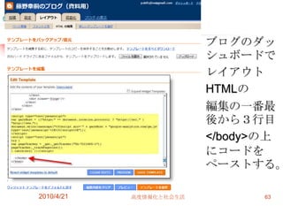ブログのダッ
                         シュボードで
                         レイアウト
                         HTMLの
                         編集の一番最
                         後から３行目
                         </body>の上
                         にコードを
                         ペーストする。

2010/4/21   高度情報化と社会生活         63
 