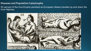 Diseases and Population Catastrophe
50 percent of the Inca Empire perished as European dieses traveled up and down the
Inca Highway.
 
