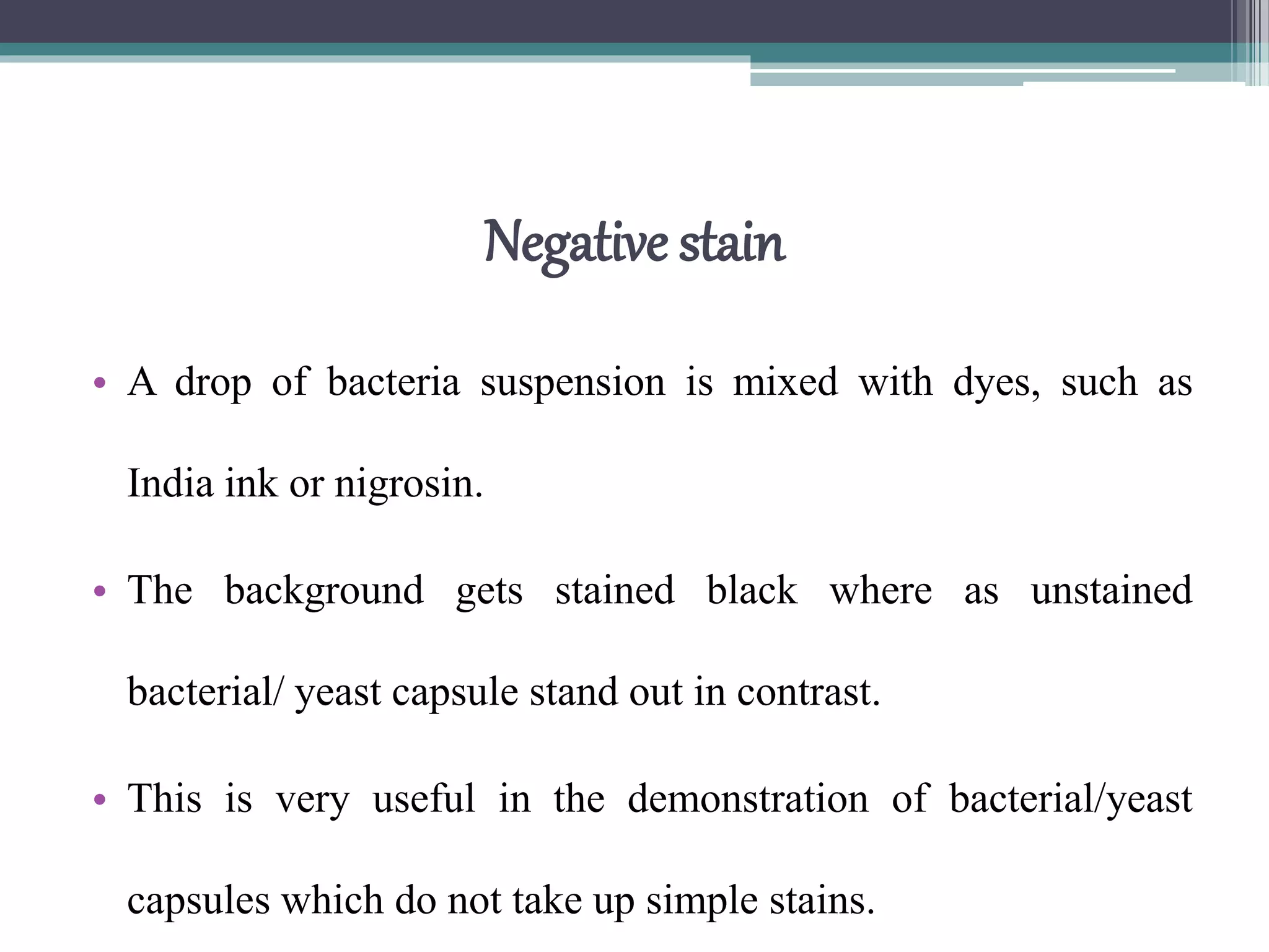 Negative stain
• A drop of bacteria suspension is mixed with dyes, such as
India ink or nigrosin.
• The background gets stained black where as unstained
bacterial/ yeast capsule stand out in contrast.
• This is very useful in the demonstration of bacterial/yeast
capsules which do not take up simple stains.
 