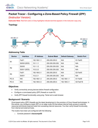 © 2014 Cisco and/or its affiliates. All rights reserved. This document is Cisco Public. Page 1 of 5
Packet Tracer - Configuring a Zone-Based Policy Firewall (ZPF)
(Instructor Version)
Instructor Note: Red font color or Gray highlights indicate text that appears in the instructor copy only.
Topology
Addressing Table
Device Interface IP Address Subnet Mask Default Gateway Switch Port
R1
Fa0/1 192.168.1.1 255.255.255.0 N/A S1 Fa0/5
S0/0/0 (DCE) 10.1.1.1 255.255.255.252 N/A N/A
R2
S0/0/0 10.1.1.2 255.255.255.252 N/A N/A
S0/0/1 (DCE) 10.2.2.2 255.255.255.252 N/A N/A
R3
Fa0/1 192.168.3.1 255.255.255.0 N/A S3 Fa0/5
S0/0/1 10.2.2.1 255.255.255.252 N/A N/A
PC-A NIC 192.168.1.3 255.255.255.0 192.168.1.1 S1 Fa0/6
PC-C NIC 192.168.3.3 255.255.255.0 192.168.3.1 S3 Fa0/18
Objectives
 Verify connectivity among devices before firewall configuration.
 Configure a zone-based policy (ZPF) firewall on router R3.
 Verify ZPF firewall functionality using ping, Telnet and a web browser.
Background / Scenario
Zone-based policy (ZPF) firewalls are the latest development in the evolution of Cisco firewall technologies. In
this activity, you configure a basic ZPF on an edge router R3 that allows internal hosts access to external
resources and blocks external hosts from accessing internal resources. You then verify firewall functionality
from internal and external hosts.
The routers have been pre-configured with the following:
o Console password: ciscoconpa55
 