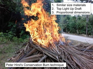 Peter Hirst's Conservation Burn technique
1. Similar size materials
2. Top Light Up Draft
3. Proportional dimensions
 