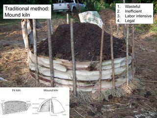 Traditional method:
Mound kiln
1. Wasteful
2. Inefficient
3. Labor intensive
4. Legal
 