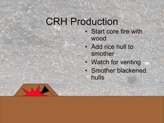 CRH Production
• Start core fire with
wood
• Add rice hull to
smother
• Watch for venting
• Smother blackened
hulls
 