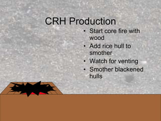CRH Production
• Start core fire with
wood
• Add rice hull to
smother
• Watch for venting
• Smother blackened
hulls
 