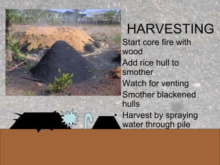 HARVESTING
• Start core fire with
wood
• Add rice hull to
smother
• Watch for venting
• Smother blackened
hulls
• Harvest by spraying
water through pile
 