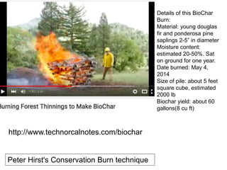 Details of this BioChar
Burn:
Material: young douglas
fir and ponderosa pine
saplings 2-5” in diameter
Moisture content:
estimated 20-50%. Sat
on ground for one year.
Date burned: May 4,
2014
Size of pile: about 5 feet
square cube, estimated
2000 lb
Biochar yield: about 60
gallons(8 cu ft)
http://www.technorcalnotes.com/biochar
Peter Hirst's Conservation Burn technique
 