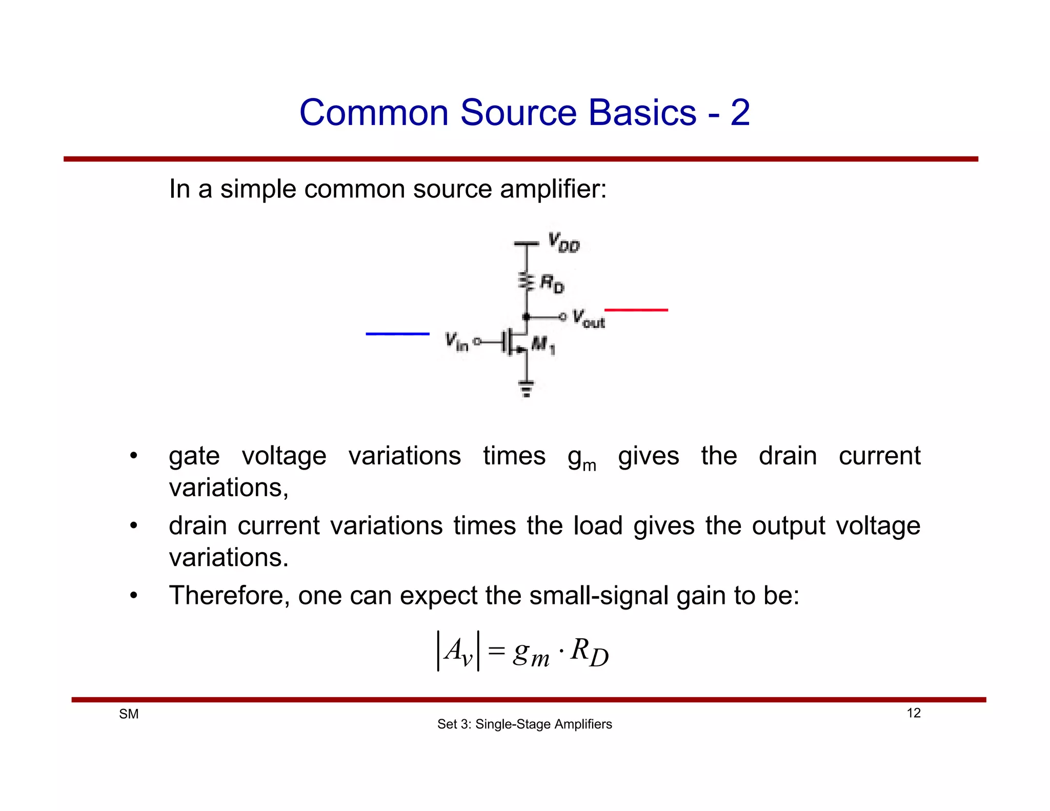 Set 3: Single-Stage Amplifiers
12
SM
Common Source Basics - 2
In a simple common source amplifier:
• gate voltage variations times gm gives the drain current
variations,
• drain current variations times the load gives the output voltage
variations.
• Therefore, one can expect the small-signal gain to be:
D
m
v R
g
A ⋅
=
 