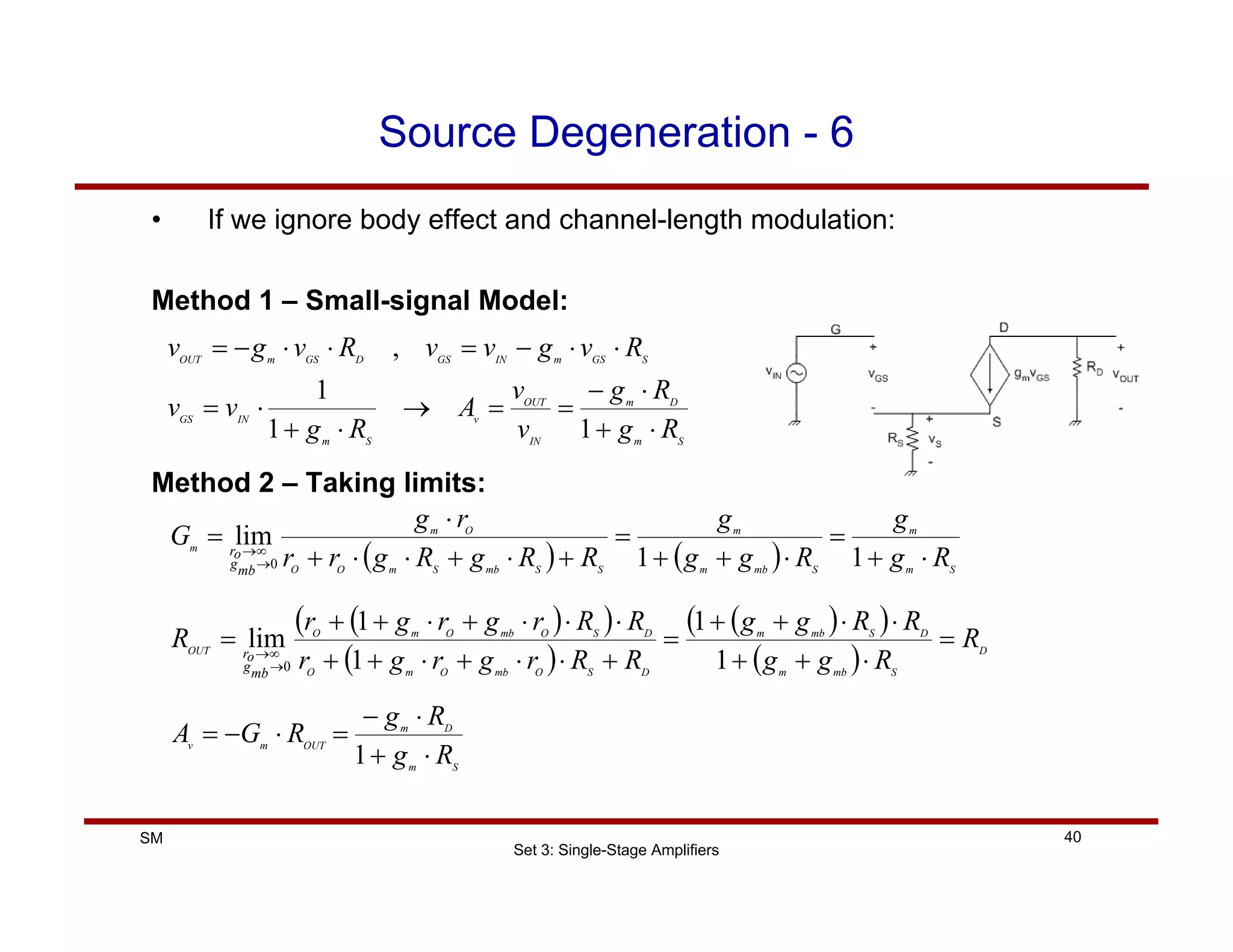 Set 3: Single-Stage Amplifiers
40
SM
Source Degeneration - 6
• If we ignore body effect and channel-length modulation:
Method 1 – Small-signal Model:
S
m
D
m
OUT
m
v
R
g
R
g
R
G
A
⋅
+
⋅
−
=
⋅
−
=
1
( )
( )
( )
( )
( )
( ) D
S
mb
m
D
S
mb
m
D
S
O
mb
O
m
O
D
S
O
mb
O
m
O
OUT
R
R
g
g
R
R
g
g
R
R
r
g
r
g
r
R
R
r
g
r
g
r
R
mb
g
o
r
=
⋅
+
+
⋅
⋅
+
+
=
+
⋅
⋅
+
⋅
+
+
⋅
⋅
⋅
+
⋅
+
+
=
→
∞
→
1
1
1
1
lim
0
( ) ( ) S
m
m
S
mb
m
m
S
S
mb
S
m
O
O
O
m
m
R
g
g
R
g
g
g
R
R
g
R
g
r
r
r
g
G
mb
g
o
r
⋅
+
=
⋅
+
+
=
+
⋅
+
⋅
⋅
+
⋅
=
→
∞
→
1
1
lim
0
S
m
D
m
IN
OUT
v
S
m
IN
GS
S
GS
m
IN
GS
D
GS
m
OUT
R
g
R
g
v
v
A
R
g
v
v
R
v
g
v
v
R
v
g
v
⋅
+
⋅
−
=
=
→
⋅
+
⋅
=
⋅
⋅
−
=
⋅
⋅
−
=
1
1
1
,
Method 2 – Taking limits:
 