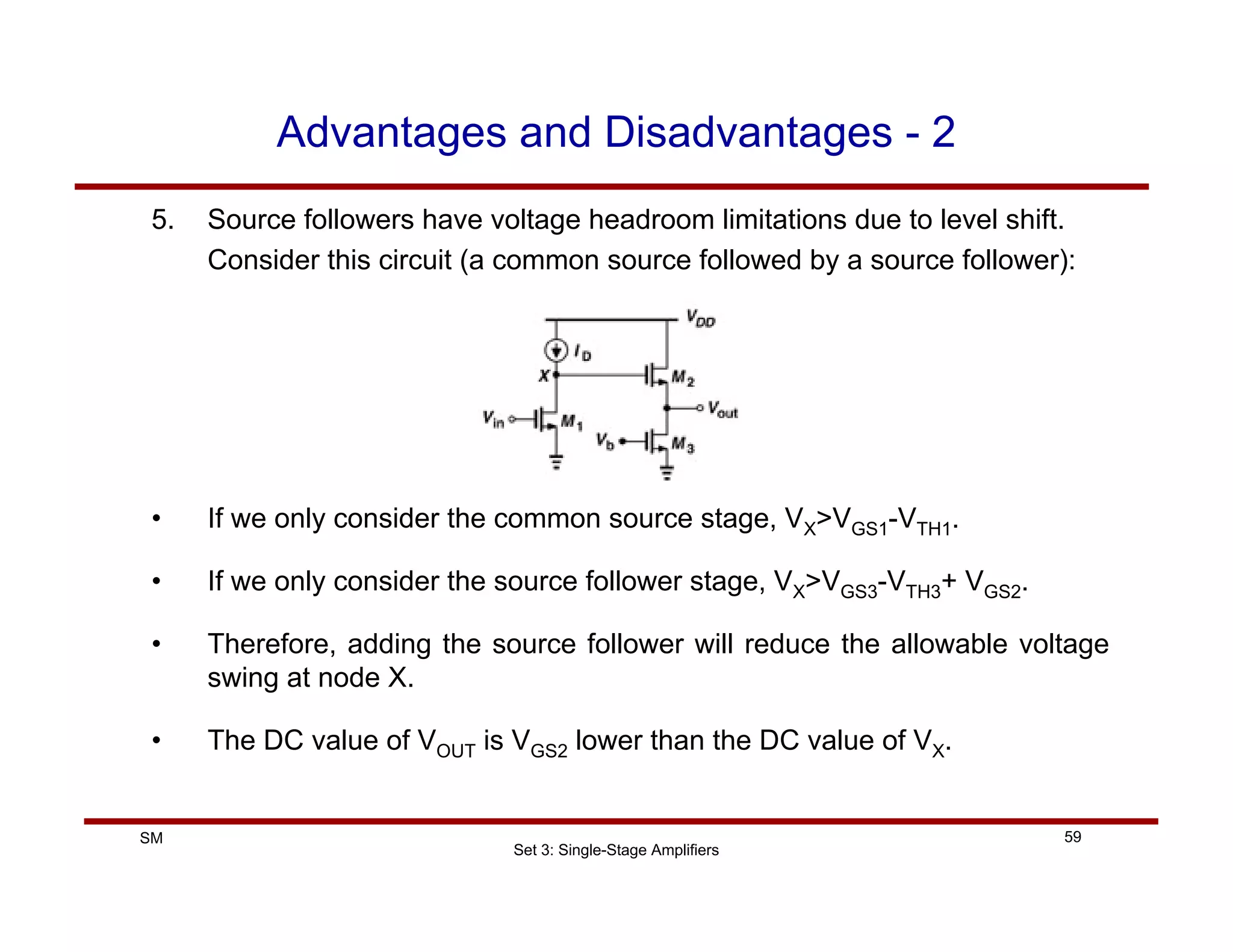 Set 3: Single-Stage Amplifiers
59
SM
Advantages and Disadvantages - 2
5. Source followers have voltage headroom limitations due to level shift.
Consider this circuit (a common source followed by a source follower):
• If we only consider the common source stage, VX>VGS1-VTH1.
• If we only consider the source follower stage, VX>VGS3-VTH3+ VGS2.
• Therefore, adding the source follower will reduce the allowable voltage
swing at node X.
• The DC value of VOUT is VGS2 lower than the DC value of VX.
 