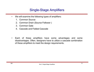 Set 3: Single-Stage Amplifiers
10
SM
Single-Stage Amplifiers
• We will examine the following types of amplifiers:
1. Common Source
2. Common Drain (Source Follower )
3. Common Gate
4. Cascode and Folded Cascode
• Each of these amplifiers have some advantages and some
disadvantages. Often, designers have to utilize a cascade combination
of these amplifiers to meet the design requirements.
 
