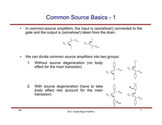 Set 3: Single-Stage Amplifiers
11
SM
Common Source Basics - 1
• In common-source amplifiers, the input is (somehow!) connected to the
gate and the output is (somehow!) taken from the drain.
• We can divide common source amplifiers into two groups:
1. Without source degeneration (no body
effect for the main transistor):
2. With source degeneration (have to take
body effect into account for the main
transistor):
 
