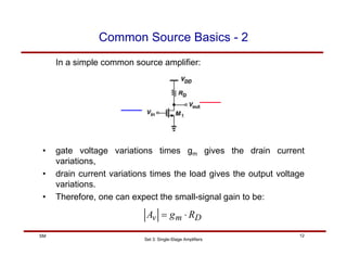 Set 3: Single-Stage Amplifiers
12
SM
Common Source Basics - 2
In a simple common source amplifier:
• gate voltage variations times gm gives the drain current
variations,
• drain current variations times the load gives the output voltage
variations.
• Therefore, one can expect the small-signal gain to be:
D
m
v R
g
A ⋅
=
 