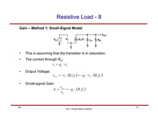 Set 3: Single-Stage Amplifiers
21
SM
Resistive Load - 8
Gain – Method 1: Small-Signal Model
• This is assuming that the transistor is in saturation.
• The current through RD:
• Output Voltage:
• Small-signal Gain:
IN
m
D
v
g
i ⋅
=
( ) ( )
o
D
IN
m
o
D
D
OUT
r
R
v
g
r
R
i
v ⋅
⋅
−
=
⋅
−
=
( )
o
D
m
IN
OUT
v
r
R
g
v
v
A ⋅
−
=
=
 