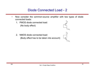 Set 3: Single-Stage Amplifiers
25
SM
Diode Connected Load - 2
• Now consider the common-source amplifier with two types of diode
connected loads:
1. PMOS diode connected load:
(No body effect)
2. NMOS diode connected load:
(Body effect has to be taken into account)
 