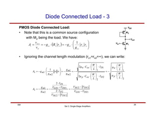 Set 3: Single-Stage Amplifiers
26
SM
Diode Connected Load - 3
PMOS Diode Connected Load:
• Note that this is a common source configuration
with M2 being the load. We have:
( ) ⎟
⎟
⎠
⎞
⎜
⎜
⎝
⎛
⋅
−
=
⋅
−
=
= 1
2
2
1
1
1
1
o
o
m
m
o
X
m
IN
OUT
v
r
r
g
g
r
R
g
v
v
A
• Ignoring the channel length modulation (ro1=ro2=∞), we can write:
1
1
2
2
2
2
2
1
1
1
2
1
2
1
2
2
1
1
2
1
2
1
2
2
2
2
1
TH
GS
TH
SG
TH
SG
D
TH
GS
D
m
m
v
p
n
D
ox
p
D
ox
n
m
m
m
m
v
V
V
V
V
V
V
I
V
V
I
g
g
A
L
W
L
W
I
L
W
C
I
L
W
C
g
g
g
g
A
−
−
−
=
−
⋅
−
⋅
−
=
−
=
⎟
⎠
⎞
⎜
⎝
⎛
⋅
µ
⎟
⎠
⎞
⎜
⎝
⎛
⋅
µ
−
=
⋅
⎟
⎠
⎞
⎜
⎝
⎛
⋅
⋅
µ
⋅
⎟
⎠
⎞
⎜
⎝
⎛
⋅
⋅
µ
−
=
−
=
⎟
⎟
⎠
⎞
⎜
⎜
⎝
⎛
∞
∞
⋅
−
=
 