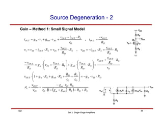 Set 3: Single-Stage Amplifiers
36
SM
Source Degeneration - 2
Gain – Method 1: Small Signal Model
( )
( ) S
D
S
mb
m
O
D
O
m
IN
OUT
v
D
IN
m
O
S
O
D
S
mb
S
m
OUT
O
S
D
OUT
OUT
S
D
OUT
mb
S
D
OUT
IN
m
D
OUT
S
D
OUT
S
OUT
BS
S
D
OUT
IN
S
OUT
IN
D
OUT
OUT
O
S
OUT
OUT
BS
mb
m
OUT
R
R
R
g
g
r
R
r
g
v
v
A
R
v
g
r
R
r
R
R
g
R
g
v
r
R
R
v
v
R
R
v
g
R
R
v
v
g
R
v
R
R
v
R
i
v
R
R
v
v
R
i
v
v
R
v
i
r
R
i
v
v
g
v
g
i
+
+
⋅
+
+
⋅
⋅
⋅
−
=
=
⋅
⋅
−
=
⎟
⎟
⎠
⎞
⎜
⎜
⎝
⎛
+
+
⋅
+
⋅
+
⋅
⋅
+
+
⎟
⎟
⎠
⎞
⎜
⎜
⎝
⎛
⋅
⋅
+
⎟
⎟
⎠
⎞
⎜
⎜
⎝
⎛
⋅
+
⋅
=
−
⋅
=
⋅
−
=
⋅
+
=
⋅
−
=
−
=
⋅
−
+
⋅
+
⋅
=
1
1
,
,
1
1
 