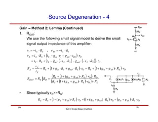 Set 3: Single-Stage Amplifiers
38
SM
Source Degeneration - 4
Gain – Method 2: Lemma (Continued)
1. ROUT:
We use the following small signal model to derive the small
signal output impedance of this amplifier:
( )
( ) ( )
( )
( ) ( )
( )
( )
( )
( ) D
O
S
mb
m
S
D
O
S
mb
m
S
D
X
OUT
O
S
mb
m
S
O
S
mb
S
m
S
X
X
X
O
S
X
mb
S
X
m
X
S
X
O
BS
mb
m
X
S
X
X
S
X
BS
S
X
R
r
R
g
g
R
R
r
R
g
g
R
R
R
R
r
R
g
g
R
r
R
g
R
g
R
i
v
R
r
R
i
g
R
i
g
i
R
i
r
v
g
v
g
i
R
i
v
R
i
v
R
i
v
+
⋅
⋅
+
+
+
⋅
⋅
⋅
+
+
+
=
=
⋅
⋅
+
+
+
=
⋅
⋅
+
⋅
+
+
=
=
⋅
⋅
−
⋅
−
⋅
−
⋅
−
+
⋅
=
⋅
⋅
−
⋅
−
+
⋅
=
⋅
−
=
⋅
−
=
)
(
1
)
(
1
)
(
1
1
,
1
1
• Since typically rO>>RS:
( ) ( ) ( ) O
S
mb
m
O
S
mb
m
O
S
mb
m
S
X r
R
g
g
r
R
g
g
r
R
g
g
R
R ⋅
⋅
+
=
⋅
⋅
+
+
=
⋅
⋅
+
+
+
= )
(
1
)
(
1
 