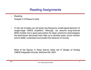 Set 3: Single-Stage Amplifiers
4
SM
Reading Assignments
• Reading:
Chapter 3 of Razavi’s book
• In this set of slides we will study low-frequency small-signal behavior of
single-stage CMOS amplifiers. Although, we assume long-channel
MOS models (not a good assumption for deep submicron technologies)
the techniques discussed here help us to develop basic circuit intuition
and to better understand and predict the behavior of circuits.
Most of the figures in these lecture notes are © Design of Analog
CMOS Integrated Circuits, McGraw-Hill, 2001.
 