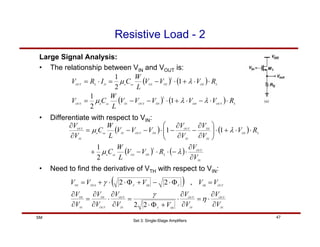 Set 3: Single-Stage Amplifiers
47
SM
Resistive Load - 2
Large Signal Analysis:
• The relationship between VIN and VOUT is:
( ) ( )
( ) ( ) S
OUT
DD
TH
OUT
IN
ox
n
OUT
S
DS
TH
GS
ox
n
D
S
OUT
R
V
V
V
V
V
L
W
C
V
R
V
V
V
L
W
C
I
R
V
⋅
⋅
−
⋅
+
⋅
−
−
=
⋅
⋅
+
⋅
−
=
⋅
=
λ
λ
µ
λ
µ
1
2
1
1
2
1
2
2
( )
IN
OUT
IN
OUT
SB
F
IN
OUT
OUT
TH
IN
TH
OUT
SB
F
SB
F
TH
TH
V
V
V
V
V
V
V
V
V
V
V
V
V
V
V
V
∂
∂
⋅
=
∂
∂
⋅
+
Φ
⋅
=
∂
∂
⋅
∂
∂
=
∂
∂
=
Φ
⋅
−
+
Φ
⋅
⋅
+
=
η
γ
γ
2
2
,
2
2
0
( ) ( )
( ) ( )
IN
OUT
S
TH
GS
ox
n
S
DS
IN
TH
IN
OUT
TH
OUT
IN
ox
n
IN
OUT
V
V
R
V
V
L
W
C
R
V
V
V
V
V
V
V
V
L
W
C
V
V
∂
∂
⋅
−
⋅
⋅
−
+
⋅
⋅
+
⋅
⎟
⎟
⎠
⎞
⎜
⎜
⎝
⎛
∂
∂
−
∂
∂
−
⋅
−
−
=
∂
∂
λ
µ
λ
µ
2
2
1
1
1
• Differentiate with respect to VIN:
• Need to find the derivative of VTH with respect to VIN:
 