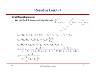 Set 3: Single-Stage Amplifiers
49
SM
Resistive Load - 4
Small Signal Analysis:
• We get the following small signal model:
( )
( ) ( )
( )
( )
( )
1
1
1
,
,
+
⎟
⎟
⎠
⎞
⎜
⎜
⎝
⎛
+
+
⋅
⋅
=
+
⋅
+
⋅
+
⋅
⋅
⋅
=
⋅
⋅
+
⋅
⋅
+
+
⋅
⋅
=
=
⋅
⋅
⋅
=
⋅
⋅
+
⋅
⋅
+
+
⋅
+
⋅
⋅
−
⋅
+
−
⋅
=
−
=
−
=
⋅
⋅
+
⋅
=
mb
m
O
S
S
m
v
O
O
mb
O
m
S
O
S
m
O
S
mb
O
S
m
O
S
O
S
m
IN
OUT
v
IN
O
S
m
O
S
mb
O
S
m
O
S
OUT
O
S
O
S
OUT
mb
OUT
IN
m
OUT
OUT
BS
OUT
IN
GS
O
S
BS
mb
GS
m
OUT
g
g
r
R
R
g
A
r
r
g
r
g
R
r
R
g
r
R
g
r
R
g
r
R
r
R
g
v
v
A
v
r
R
g
r
R
g
r
R
g
r
R
v
r
R
r
R
v
g
v
v
g
v
v
v
v
v
v
r
R
v
g
v
g
v
 