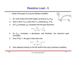 Set 3: Single-Stage Amplifiers
50
SM
Resistive Load - 5
• Graph of the gain of a source-follower amplifier:
1. M1 never enters the triode region as long as VIN<VDD.
2. Gain is zero if VIN is less than VTH (because gm is 0).
3. As VIN increases, gm increases and the gain becomes:
4. As VOUT increases, η decreases, and therefore, the maximum gain
increases.
5. Even if RS=∞, the gain is less than one:
6. Gain depends heavily on the DC level of the input (nonlinear amplifier).
η
+
=
+
≈
1
1
mb
m
m
v
g
g
g
A
1
1
<
+
+
≈
o
mb
m
m
V
r
g
g
g
A
 
