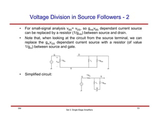 Set 3: Single-Stage Amplifiers
53
SM
Voltage Division in Source Followers - 2
• For small-signal analysis vBS= vDS, so gmbvBS dependant current source
can be replaced by a resistor (1/gmb) between source and drain.
• Note that, when looking at the circuit from the source terminal, we can
replace the gmvGS dependant current source with a resistor (of value
1/gm) between source and gate.
• Simplified circuit:
 