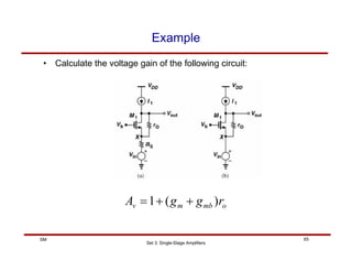 Set 3: Single-Stage Amplifiers
65
SM
Example
• Calculate the voltage gain of the following circuit:
o
mb
m
v r
g
g
A )
(
1 +
+
=
 