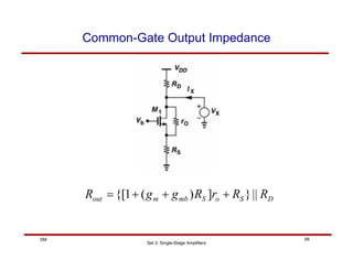 Set 3: Single-Stage Amplifiers
66
SM
Common-Gate Output Impedance
D
S
o
S
mb
m
out R
R
r
R
g
g
R ||
}
]
)
(
1
{[ +
+
+
=
 