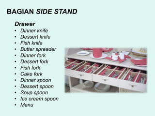 BAGIAN SIDE STAND
Drawer
• Dinner knife
• Dessert knife
• Fish knife
• Butter spreader
• Dinner fork
• Dessert fork
• Fish fork
• Cake fork
• Dinner spoon
• Dessert spoon
• Soup spoon
• Ice cream spoon
• Menu
 