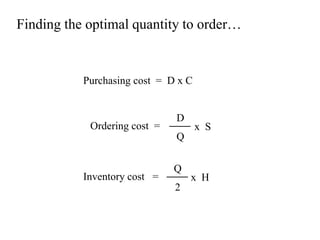 Finding the optimal quantity to order…
Purchasing cost = D x C
Inventory cost =
Ordering cost =
D
Q
x S
Q
2
x H
 