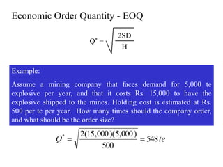 Economic Order Quantity - EOQ
Q* =
2SD
H
Example:
Assume a mining company that faces demand for 5,000 te
explosive per year, and that it costs Rs. 15,000 to have the
explosive shipped to the mines. Holding cost is estimated at Rs.
500 per te per year. How many times should the company order,
and what should be the order size?
te
Q 548
500
)
000
,
5
)(
000
,
15
(
2
*


 