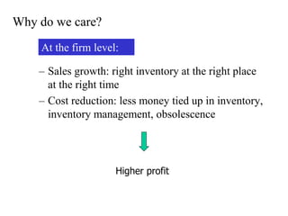 – Sales growth: right inventory at the right place
at the right time
– Cost reduction: less money tied up in inventory,
inventory management, obsolescence
Higher profit
Why do we care?
At the firm level:
 