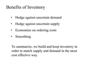 • Hedge against uncertain demand
• Hedge against uncertain supply
• Economize on ordering costs
• Smoothing
Benefits of Inventory
To summarize, we build and keep inventory in
order to match supply and demand in the most
cost effective way.
 