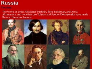 The works of poets Aleksandr Pushkin, Boris Pasternak, and Anna
Akhmatova, and novelists Leo Tolstoy and Fyodor Dostoyevsky have made
Russian literature famous.
 