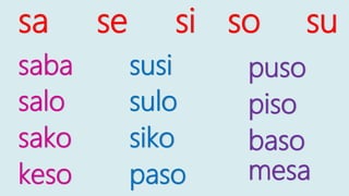 sa se si so su
salo
saba
sako
keso
sulo
susi
siko
paso
puso
piso
baso
mesa
 