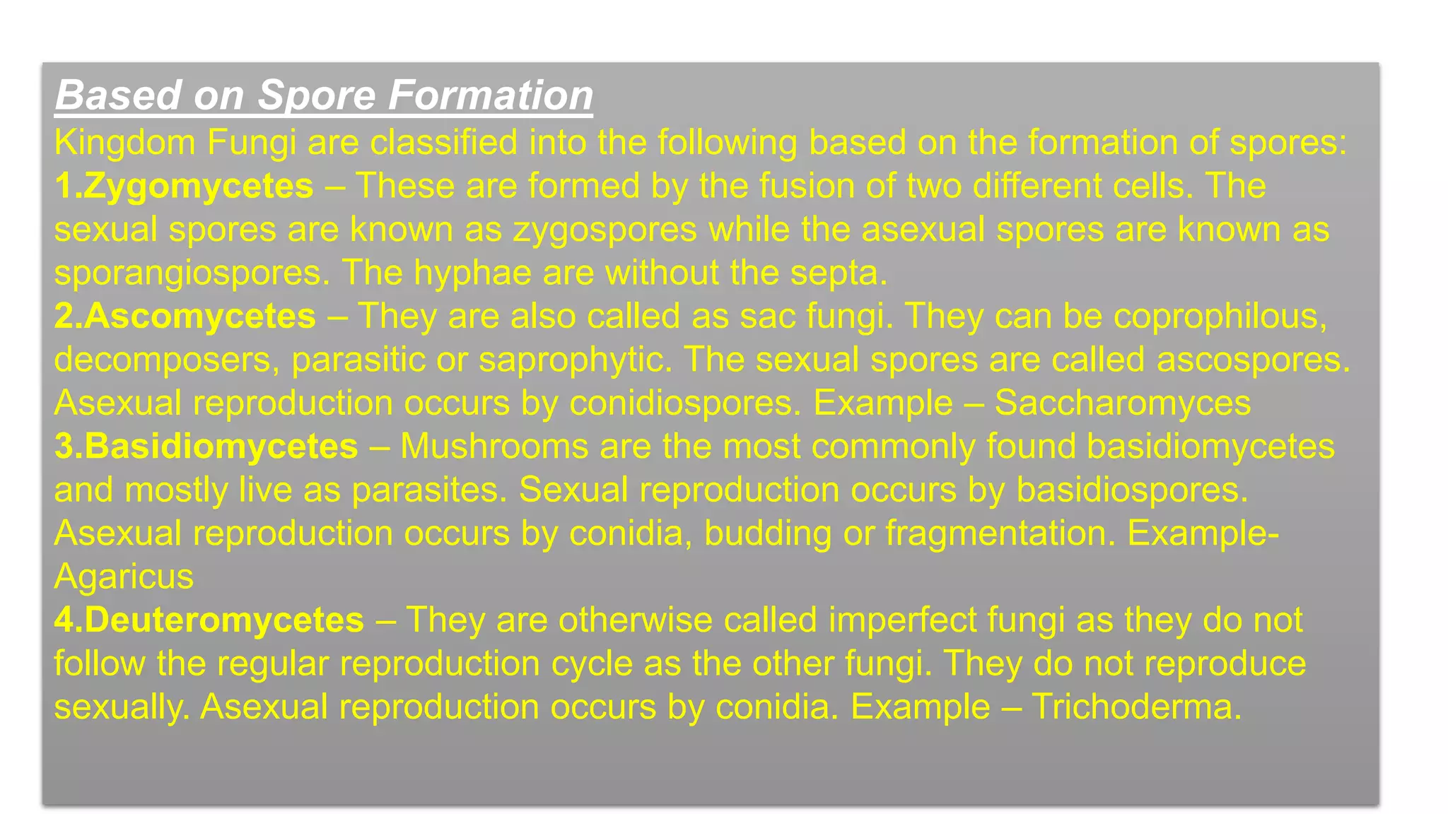 Based on Spore Formation
Kingdom Fungi are classified into the following based on the formation of spores:
1.Zygomycetes – These are formed by the fusion of two different cells. The
sexual spores are known as zygospores while the asexual spores are known as
sporangiospores. The hyphae are without the septa.
2.Ascomycetes – They are also called as sac fungi. They can be coprophilous,
decomposers, parasitic or saprophytic. The sexual spores are called ascospores.
Asexual reproduction occurs by conidiospores. Example – Saccharomyces
3.Basidiomycetes – Mushrooms are the most commonly found basidiomycetes
and mostly live as parasites. Sexual reproduction occurs by basidiospores.
Asexual reproduction occurs by conidia, budding or fragmentation. Example-
Agaricus
4.Deuteromycetes – They are otherwise called imperfect fungi as they do not
follow the regular reproduction cycle as the other fungi. They do not reproduce
sexually. Asexual reproduction occurs by conidia. Example – Trichoderma.
 