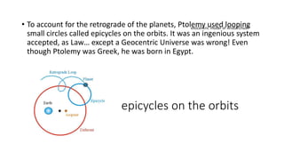 epicycles on the orbits
• To account for the retrograde of the planets, Ptolemy used looping
small circles called epicycles on the orbits. It was an ingenious system
accepted, as Law… except a Geocentric Universe was wrong! Even
though Ptolemy was Greek, he was born in Egypt.
eliocentric model of Aristarchus?
 