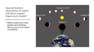 How did Galileo's
observations of Jupiter
and Venus support
Copernicus's model?
• Before Copernicus most
people were thinking
that the Earth is at center
of universe.
 