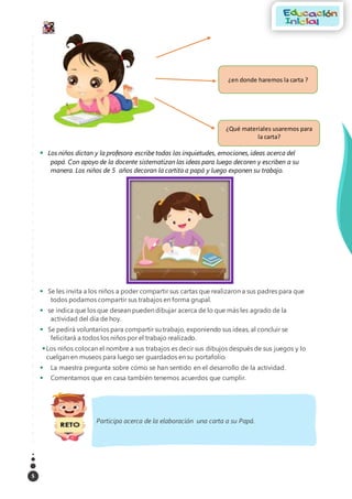 5
 Los niños dictan y la profesora escribe todas las inquietudes, emociones, ideas acerca del
papá. Con apoyo de la docente sistematizan las ideas para luego decoren y escriben a su
manera. Los niños de 5 años decoran la cartita a papá y luego exponen su trabajo.
 Se les invita a los niños a poder compartir sus cartas que realizaron a sus padres para que
todos podamos compartir sus trabajos en forma grupal.
 se indica que los que desean pueden dibujar acerca de lo que más les agrado de la
actividad del día de hoy.
 Se pedirá voluntarios para compartir su trabajo, exponiendo sus ideas, al concluir se
felicitará a todos los niños por el trabajo realizado.
Los niños colocan el nombre a sus trabajos es decir sus dibujos después de sus juegos y lo
cuelgan en museos para luego ser guardados en su portafolio.
 La maestra pregunta sobre cómo se han sentido en el desarrollo de la actividad.
 Comentamos que en casa también tenemos acuerdos que cumplir.
Participa acerca de la elaboración una carta a su Papá.
¿en donde haremos la carta ?
¿Qué materiales usaremos para
la carta?
 