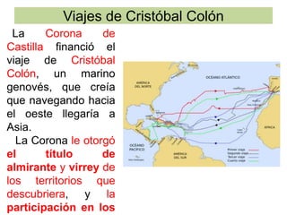 Viajes de Cristóbal Colón
La Corona de
Castilla financió el
viaje de Cristóbal
Colón, un marino
genovés, que creía
que navegando hacia
el oeste llegaría a
Asia.
La Corona le otorgó
el título de
almirante y virrey de
los territorios que
descubriera, y la
participación en los
 