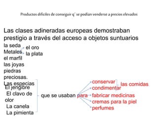 Productos difíciles deconseguir q´ se podían venderse a precios elevados
Las clases adineradas europeas demostraban
prestigio a través del acceso a objetos suntuarios
la seda
Metales
el marfil
las joyas
piedras
preciosas.
Las especias
El jengibre
El clavo de
olor
La canela
La pimienta
el oro
la plata
que se usaban para
condimentar
conservar las comidas
fabricar medicinas
cremas para la piel
perfumes
 