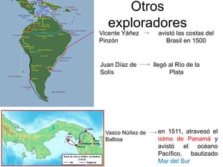 Otros
exploradores
Vicente Yáñez
Pinzón
avistó las costas del
Brasil en 1500
Juan Díaz de
Solís
llegó al Río de la
Plata
Vasco Núñez de
Balboa
en 1511, atravesó el
istmo de Panamá y
avistó el océano
Pacífico, bautizado
Mar del Sur
 