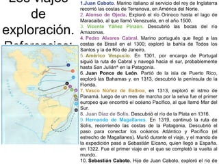 Los viajes
de
exploración.
Referencias:
1.Juan Caboto. Marino italiano al servicio del rey de Inglaterra
recorrió las costas de Terranova, en América del Norte.
2. Alonso de Ojeda. Exploró el río Orinoco hasta el lago de
Maracaibo, al que llamó Venezuela, en el año 1500.
3. Vicente Yáñez Pinzón. Descubrió las bocas del río
Amazonas.
4. Pedro Alvares Cabral. Marino portugués que llegó a las
costas de Brasil en el 1300; exploró la bahía de Todos los
Santos y la de Río de Janeiro.
5. Américo Vespucio. En 1301, por encargo de Portugal
siguió la ruta de Cabral y navegó hacia el sur, probablemente
hasta San Julián^ en la Patagonia.
6. Juan Ponce de León. Partió de la isla de Puerto Rico,
exploró las Bahamas y, en 1313, descubrió la península de la
Florida.
7. Vasco Núñez de Balboa, en 1313, exploró el istmo de
Panamá. luego de un mes de marcha por la selva fue el primer
europeo que encontró el océano Pacífico, al que llamó Mar del
Sur.
8. Juan Díaz de Solís. Descubrió el río de la Plata en 1316.
9. Hernando de Magallanes. En 1319, continuó la ruta de
Solís, recorriendo las costas de la Patagonia. Descubrió el
paso para conectar los océanos Atlántico y Pacífico (el
estrecho de Magallanes). Murió durante el viaje, y el mando de
la expedición pasó a Sebastián Elcano, quien llegó a España.
en 1322. Fue el primer viaje en el que se completó la vuelta al
mundo.
10. Sebastián Caboto. Hijo de Juan Caboto, exploró el río de
 