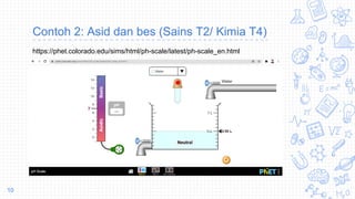 10
https://phet.colorado.edu/sims/html/ph-scale/latest/ph-scale_en.html
Contoh 2: Asid dan bes (Sains T2/ Kimia T4)
 